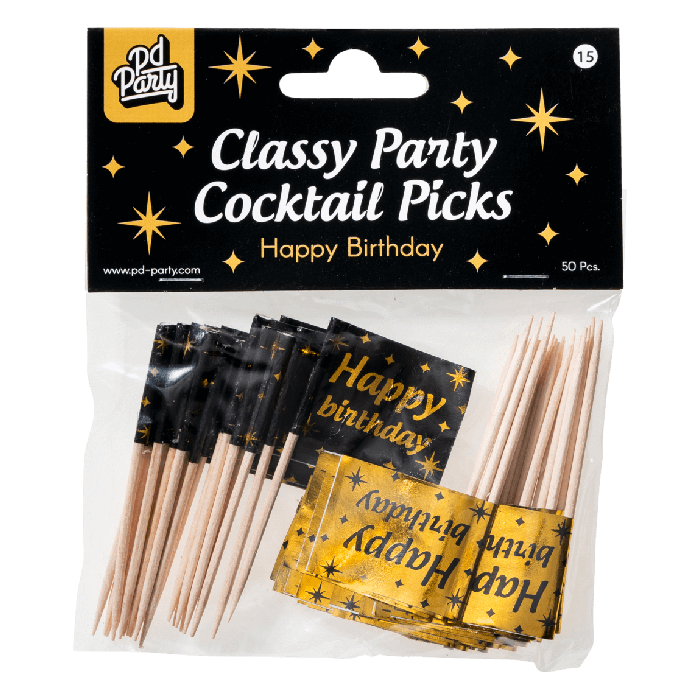 Happy Birthday Classy cocktailprikkers zwart/goud - Afbeelding 2